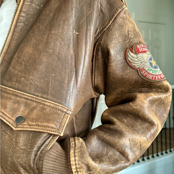 Brown Leather Bomber Jacket - Picture 3 of 5